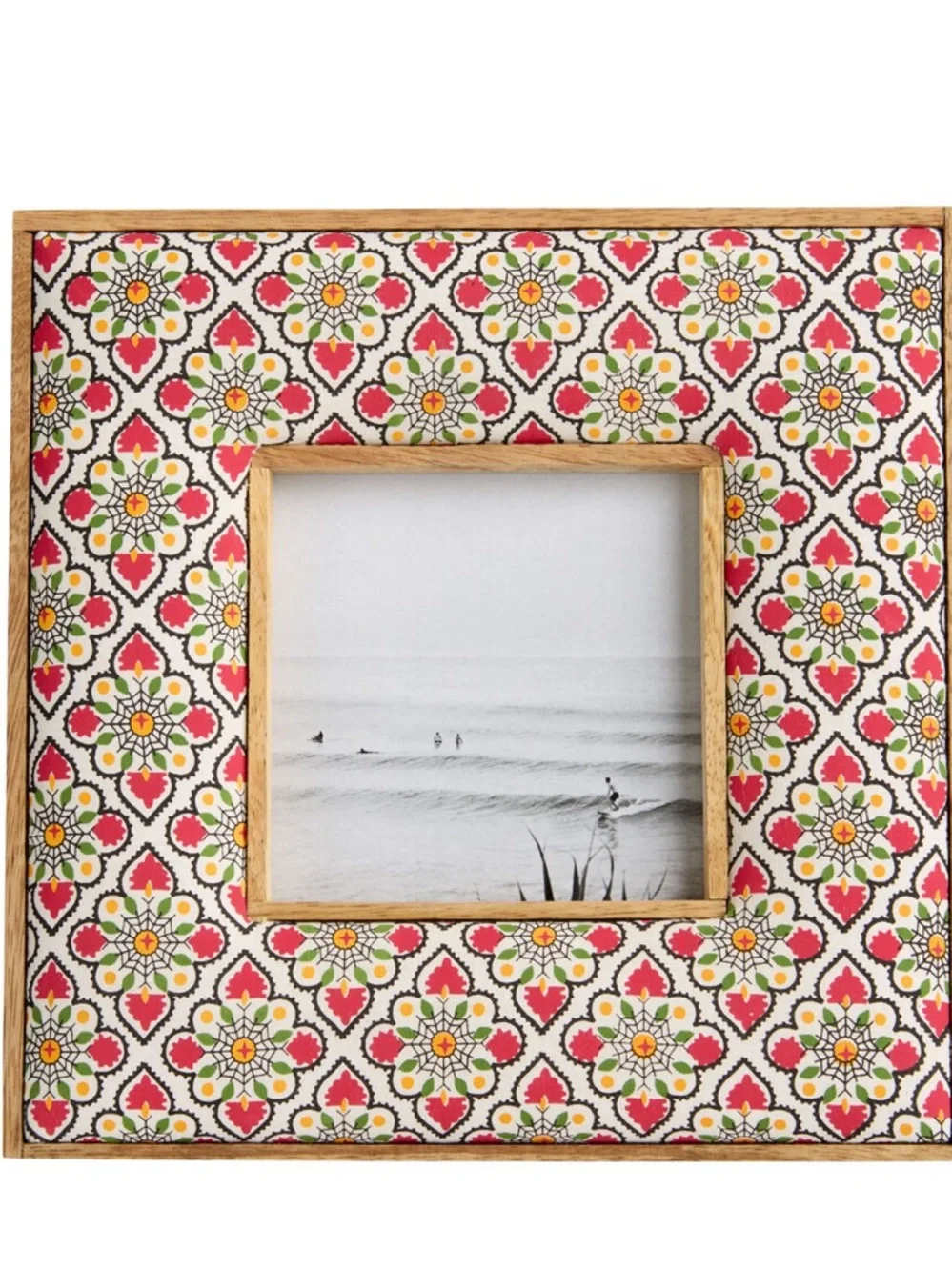 NWT World Market 4” Square Slate & Fuchsia Fabric Block Print Picture Frame
